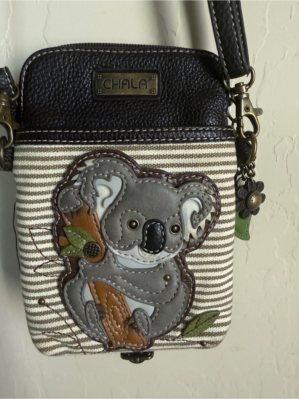 Chala Gray Koala Crossbody Bag with Brown & Green Accents Charms